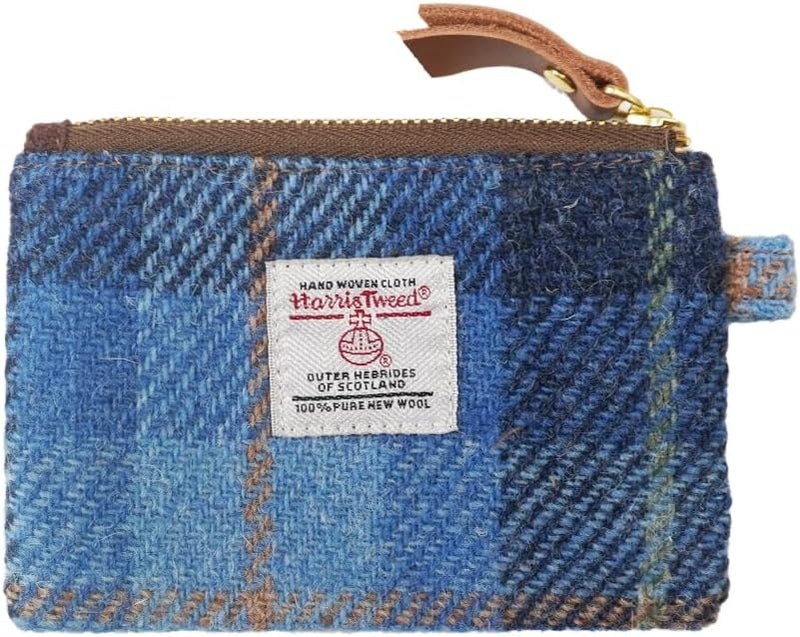 Harris Tweed Mini Coin Purse Handmade Lipstick Bag Vintage British Portable Credit Card ID Wallet with YKK Zipper for Women men (Blue Tartan)